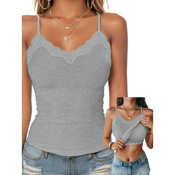 Anygrew Tank Top for Women with Built in Bra Lace Adjustable Spaghetti Strap Camisoles Ribbed Slim Basic Tops