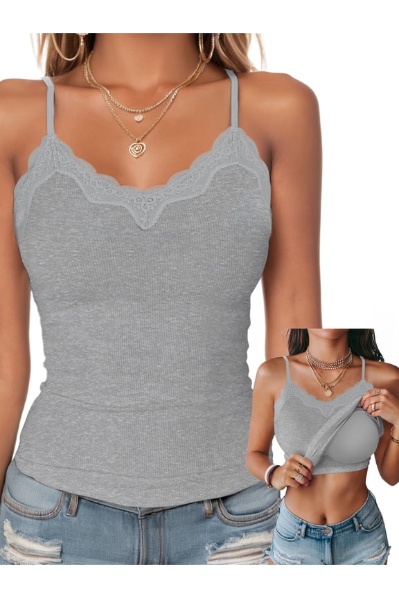 Tank Top for Women with Built in Bra Lace Adjustable Spaghetti Strap Camisoles Ribbed Slim Basic Tops