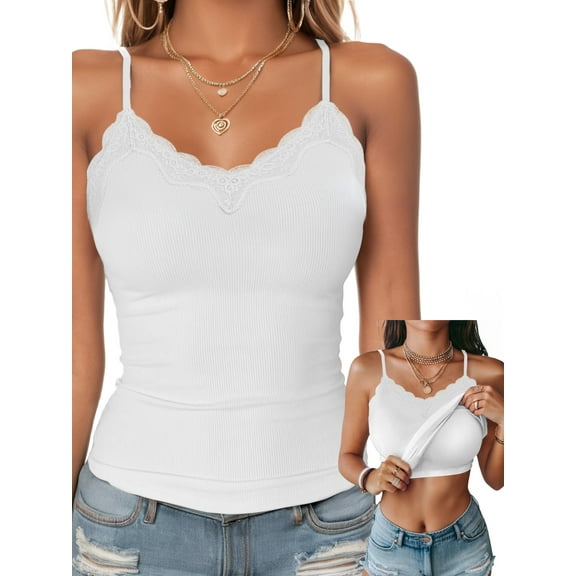 Anygrew Tank Top for Women with Built in Bra Lace Adjustable Spaghetti Strap Camisoles Ribbed Slim Basic Tops
