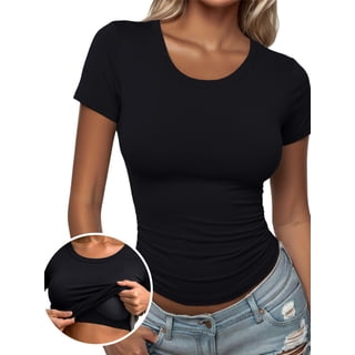 Anygrew Tops for Women with Built in Bra Short Sleeve Scoop Neck Camisoles Casual Classic Basic Shirts
