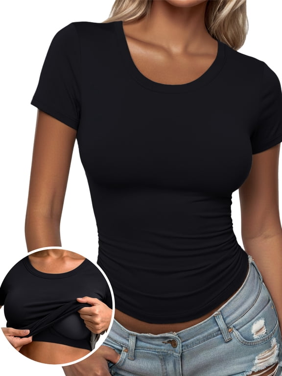 Womens Built in Bra Tops Short Sleeve T Shirts Built in Bra Blouse
