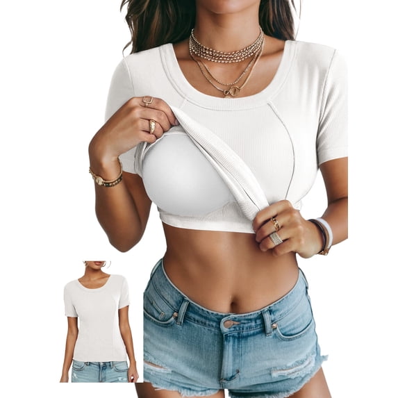 Anygrew Tops with Built in Bra for Women Casual Short Sleeve Fitted Scoop Neck Ribbed Knit Shirts