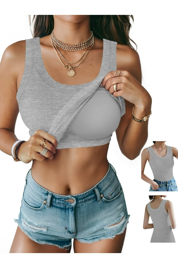 Womens Tank Tops with Built in Shelf Bra Basic Stretchy Padded Camisole Casual Layering Tanks Undershirt Black-White-Gray-Coffee