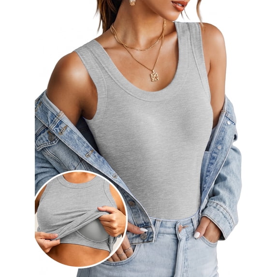 Anygrew Women's Tank Top with Built in Bra Ribbed Camisole Summer Scoop Neck Basic Cami Tanks Undershirt Black-White-Gray-Coffee