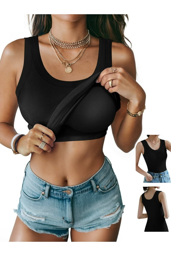 Womens Tank Tops with Built in Shelf Bra Basic Stretchy Padded Camisole Casual Layering Tanks Undershirt Black-White-Gray-Coffee
