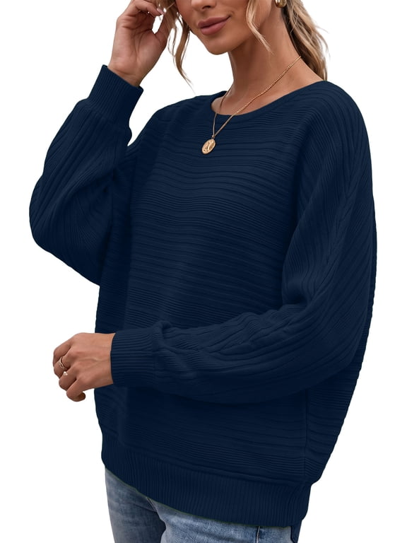 Women Batwing Ribbed Knit Sweater Crew Neck Loose Striped Textured Soft Casual Lightweight Pullover Tops
