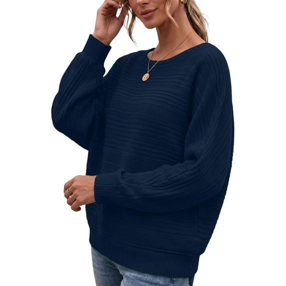 Anygrew Women Batwing Ribbed Knit Sweater Crew Neck Loose Striped Textured Soft Casual Lightweight Pullover Tops