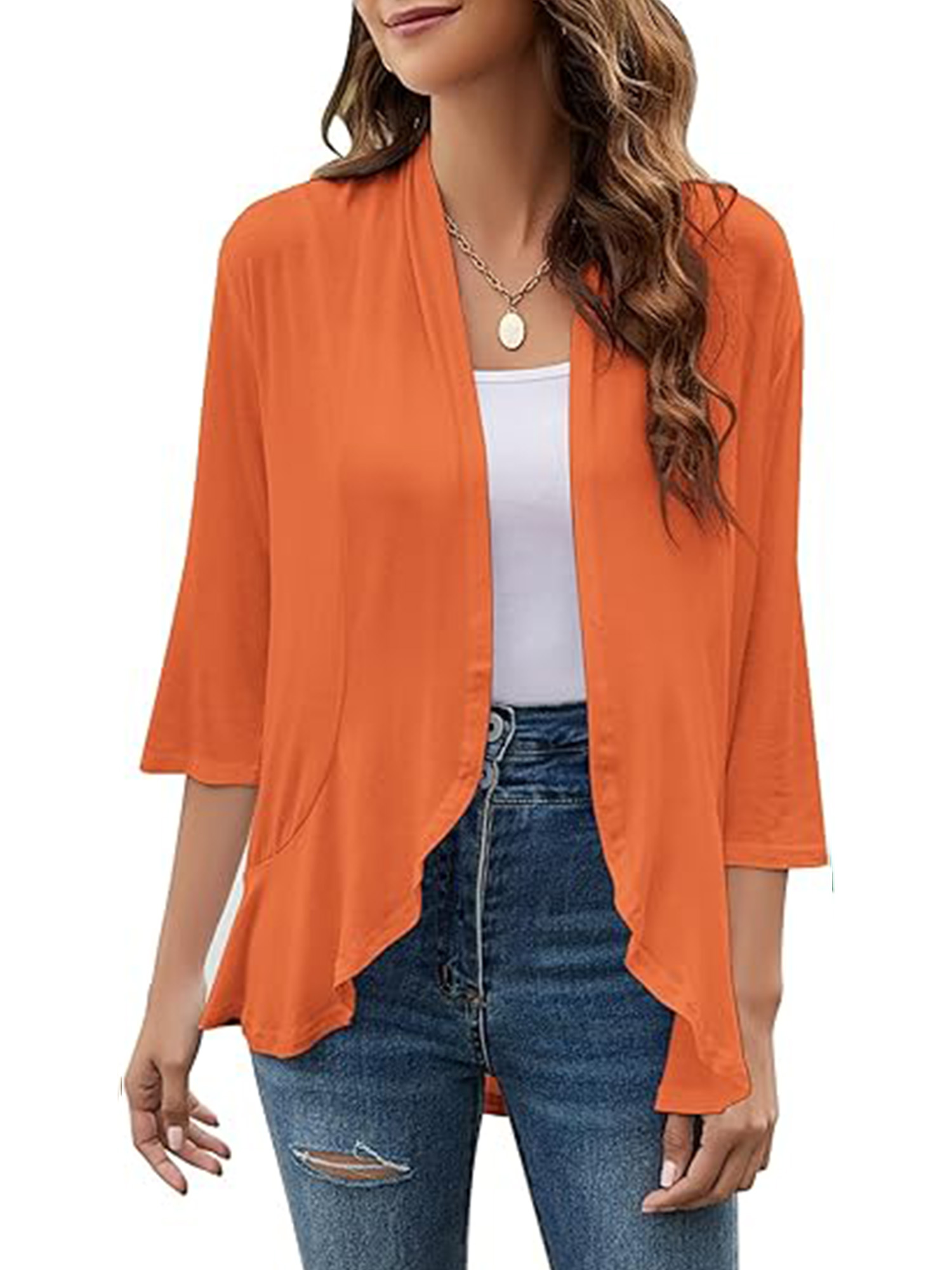 Draped Ruffles Anygrew Women Cardigan 3/4 Sleeves Open Front Lightweight Cardigan ...