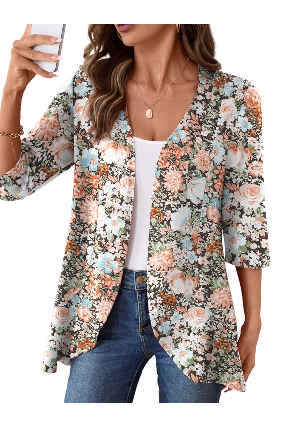 Casual Lightweight Cardigans For Women Out Open Front Jackets 3/4 Sleeves