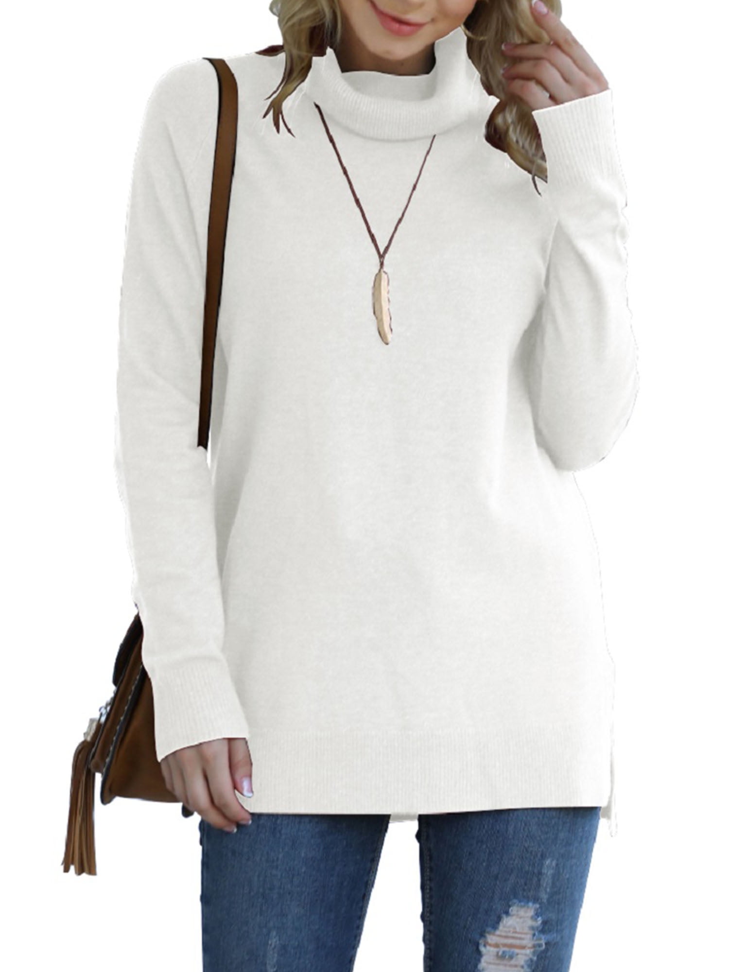 PMUYBHF Female White Sweater Tops for Women Women Winter Fashion Color  Contrast High Neck Sweater Large Pullover Sweater L 