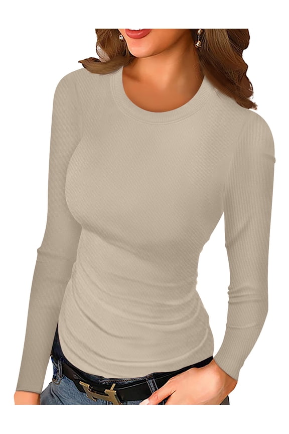 Women Long Sleeve Top Casual Basic Slim Knit Ribbed T Shirt