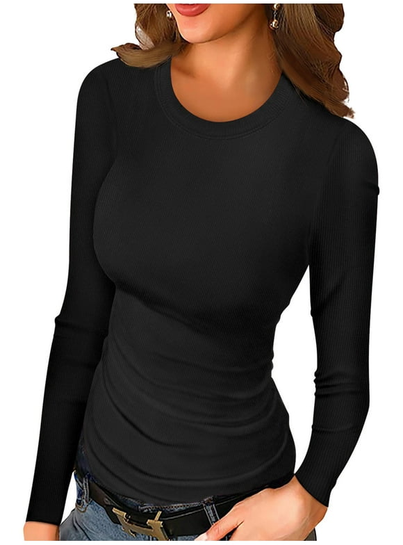 Women Long Sleeve Top Casual Basic Slim Knit Ribbed T Shirt
