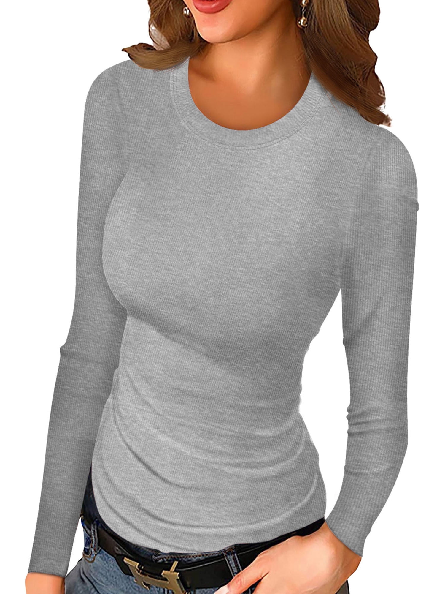 Anygrew Women Long Sleeve Top Casual Basic Slim Knit Ribbed T Shirt ...