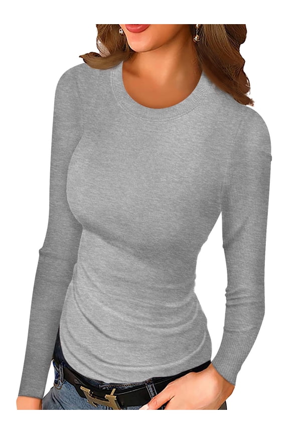 Women Long Sleeve Top Casual Basic Slim Knit Ribbed T Shirt