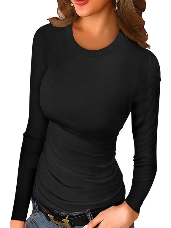 Women Long Sleeve Top Casual Basic Slim Knit Ribbed T Shirt