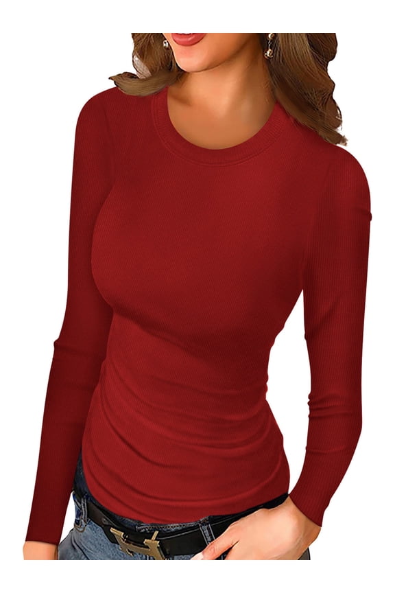 Women Long Sleeve Top Casual Basic Slim Knit Ribbed T Shirt