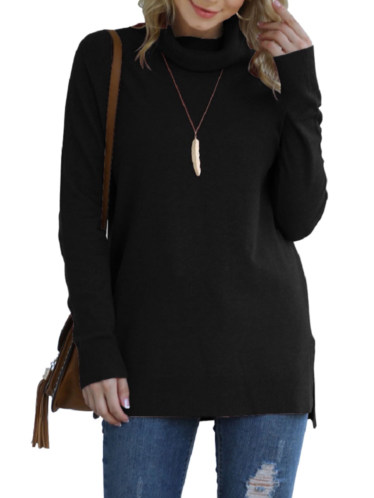 CARCOS Plus Size Women's Turtleneck Sweater - Solid Pullover With Split Hem, Casual Knit Top