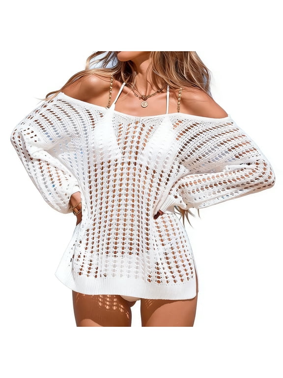 Women's Off Shoulder Crochet Swimsuit Cover Ups Long Sleeve Knit Beach