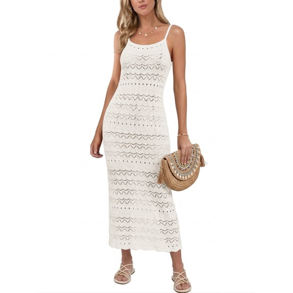 Anygrew Women's Swimsuit Cover Up Crochet Knit Maxi Dress Spaghetti Strap Summer Beach Casual Dress