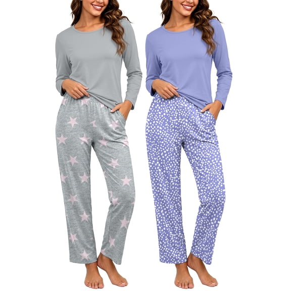 Anygrew 2 Pack Womens Pajama Sets Soft Long Sleeve Pj Loungewear Sleepwear and Long Pant With Pockets