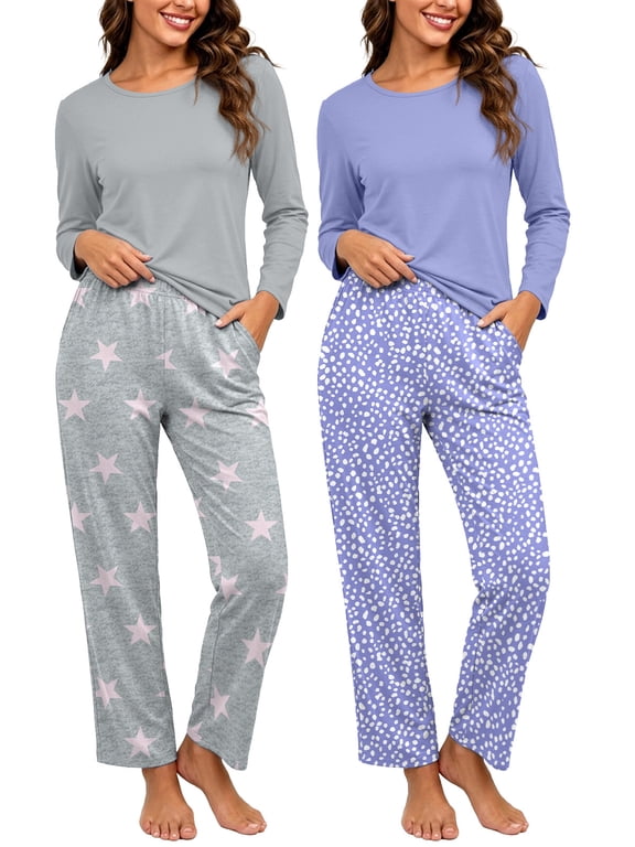 2 Pack Womens Pajama Sets Soft Long Sleeve Pj Loungewear Sleepwear and Long Pant With Pockets