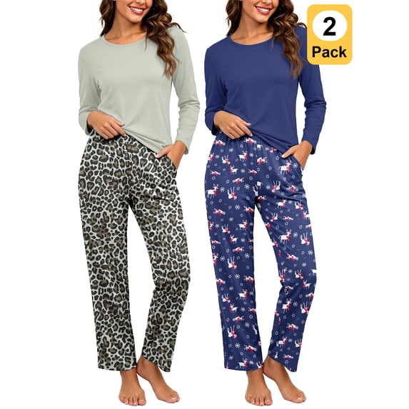 Anygrew 2 Packs Pajamas for Women Set Soft Long Sleeve Pj Loungewear Sleepwear