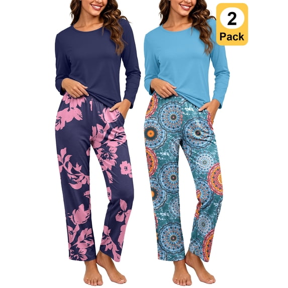 Anygrew 2 Packs Pajamas for Women Set Soft Long Sleeve Pj Loungewear Sleepwear