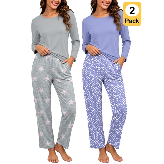 Anygrew 2 Packs Pajamas for Women Set Soft Long Sleeve Pj Loungewear Sleepwear