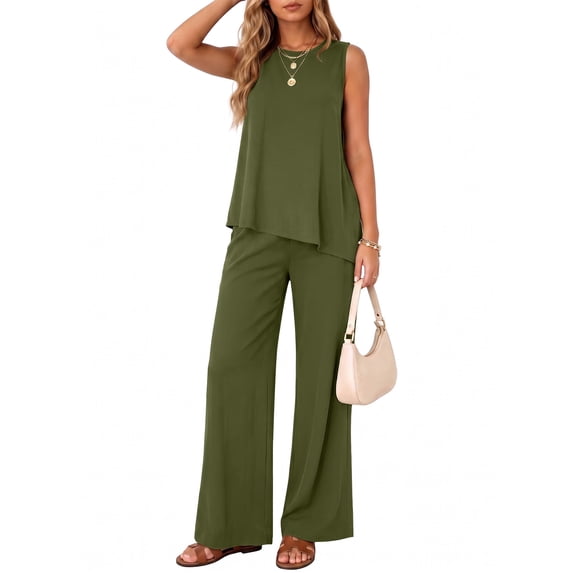 Anygrew Women's 2 Piece Matching Lounge Sets Summer Outfits Tracksuit Asymmetrical Split Tank Tops Wide Leg Pants With Pockets