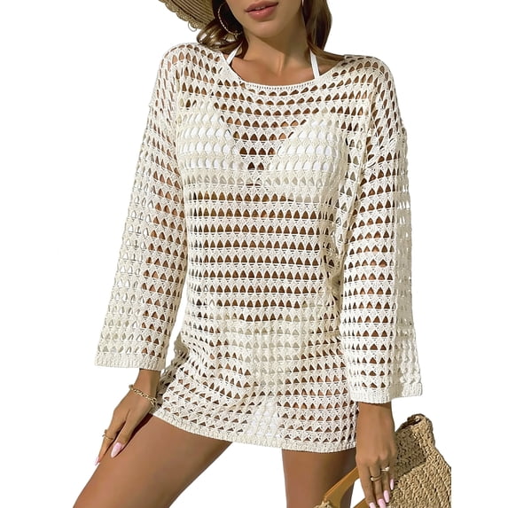 Anygrew Women's Crochet Swimsuit Cover Up Long Sleeve Knit Beach Dress See Through Hollow Out Bathing Suit Coverups for Summer Vacation