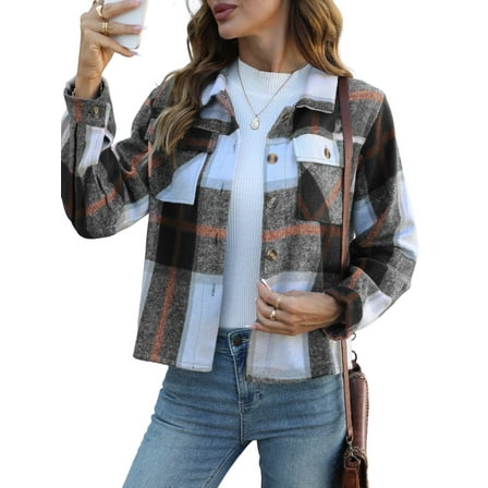 Anygrew Women's Cropped Plaid Shacket Jacket Fashion Casual Button Down Lightweight Outwear Flannel Plaid Shirts Casual Jackets with Pockets