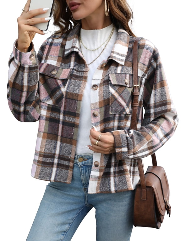 Women's Cropped Plaid Shacket Jacket Fashion Casual Button Down Lightweight Outwear Flannel Plaid Shirts Casual Jackets with Pockets
