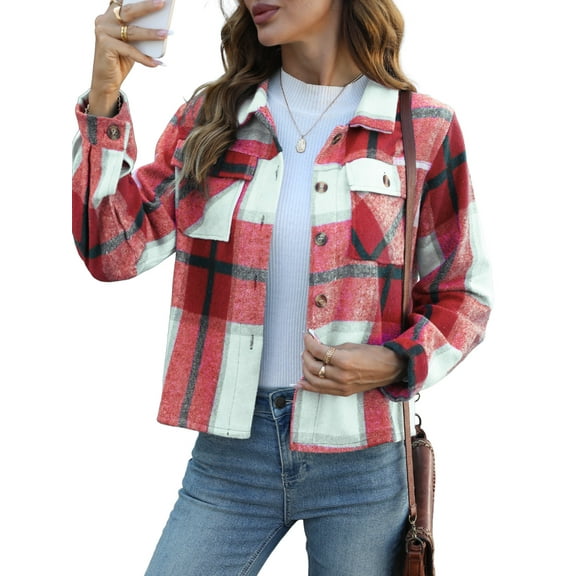 Anygrew Women's Cropped Plaid Shacket Jacket Fashion Casual Button Down Lightweight Outwear Flannel Plaid Shirts Casual Jackets with Pockets