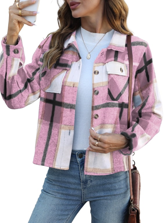 Women's Cropped Plaid Shacket Jacket Fashion Casual Button Down Lightweight Outwear Flannel Plaid Shirts Casual Jackets with Pockets