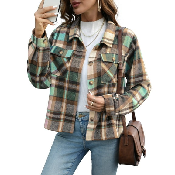 Anygrew Women's Cropped Plaid Shacket Jacket Fashion Casual Button Down Lightweight Outwear Flannel Plaid Shirts Casual Jackets with Pockets