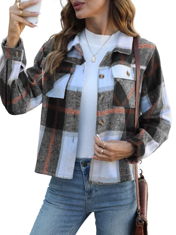 Women's Cropped Plaid Shacket Jacket Fashion Casual Button Down Lightweight Outwear Flannel Plaid Shirts Casual Jackets with Pockets