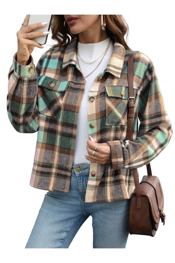 Women's Cropped Plaid Shacket Jacket Fashion Casual Button Down Lightweight Outwear Flannel Plaid Shirts Casual Jackets with Pockets