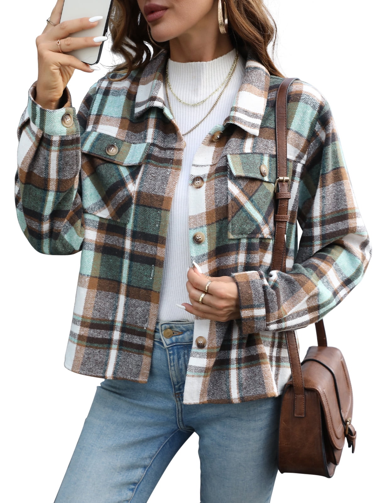 Anygrew Womens Shacket Plaid Shirts Flannel Shacket Jacket Long Sleeve Button Down Shirt Trendy Outfits for Women Coats