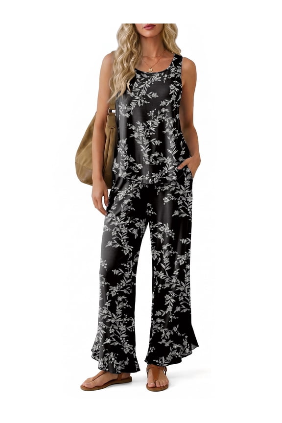 Women's Elegant Sleeveless Ruffle Hem Tank Top and Wide Leg Pants Lounge Outfit Set - Chic Summer 2 Piece Ensemble