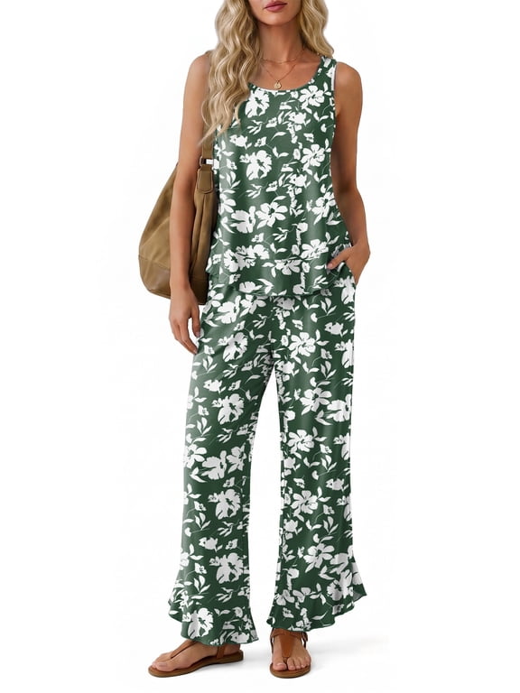 Womens Pajama Sets 2 Piece Loungewear Sleeveless Ruffle Hem Top and Wide Leg Pants with Pockets Casual Sweatsuit Outfits