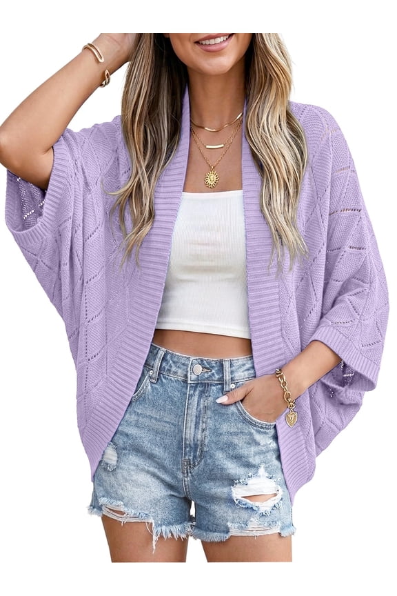 Women's Lightweight Crochet Cardigan - Open Front Batwing Sleeve Hollow Out Summer Cover Up