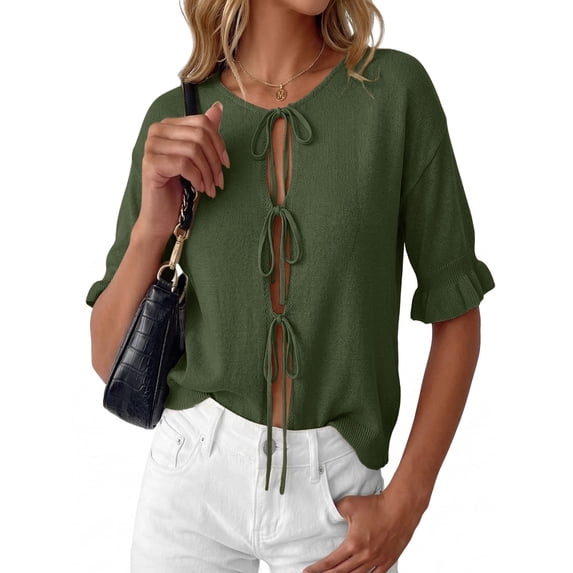 Anygrew Women's Lightweight Knit Cardigan - Tie Front Ruffle Short Sleeve Open Front Summer Cover Up Sweater Top
