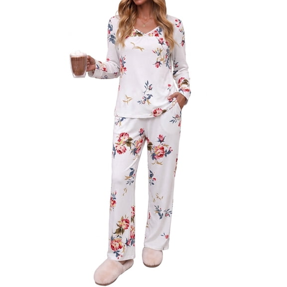 Anygrew Women's Pajama Sets 2 Piece Long Sleeve Pjs Lounge Sets Soft Comfy Pj Sleepwear Fall Winter Outfits with Pockets S-XXL