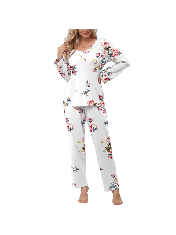 Women's Pajama Sets 2 Piece Soft Lounge Outfits Pajamas for Women Long Sleeve Pleated Lounge Outfits and Long Pant With Pockets