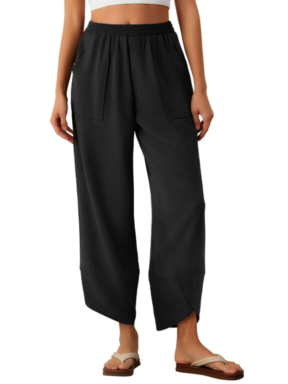 Womens Baggy Wide Leg Pants Elastic Waisted Casual Palazzo Harem Pants Summer Beach Trousers with Pockets S-XXL
