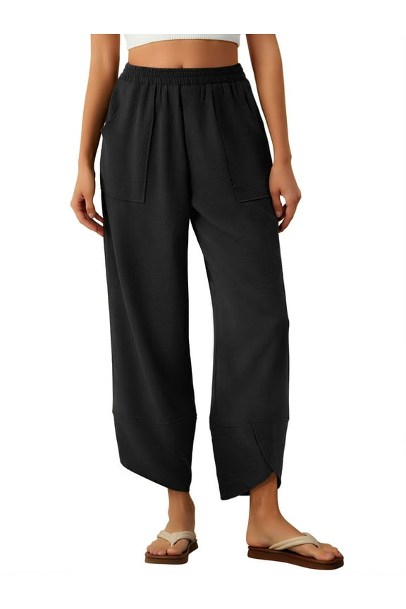 Womens Baggy Wide Leg Pants Elastic Waisted Casual Palazzo Harem Pants Summer Beach Trousers with Pockets S-XXL