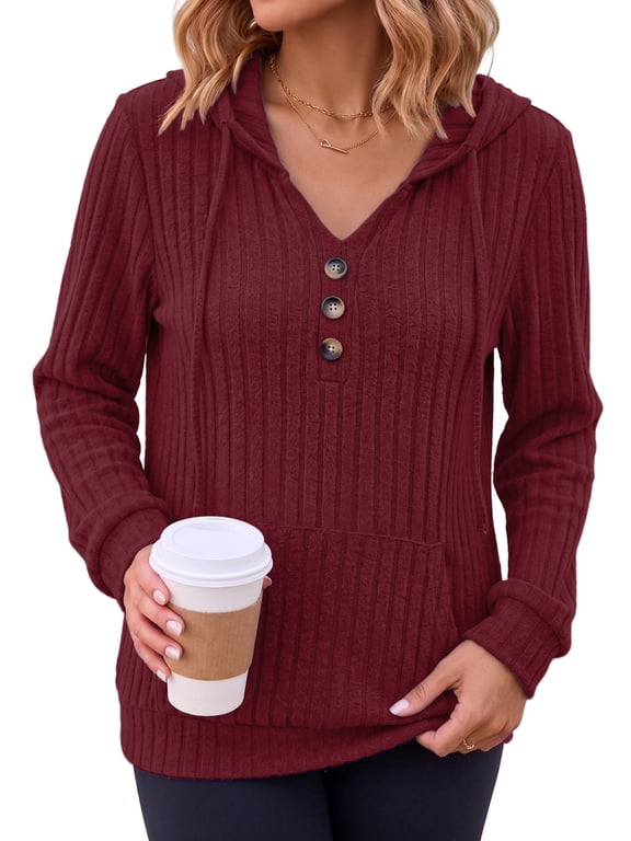 Hoodies for Women Henley Neck Long Sleeve with Pockets Clothing Casual Fashion Sweaters
