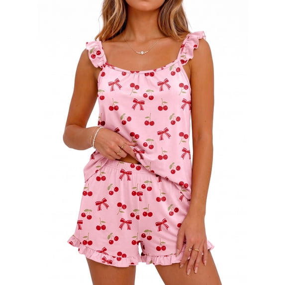 Anygrew Womens Pajama 2 Piece Ruffle Cami Pajama Set Soft Summer Lounge Set Comfy Cute Shorts Sleepwear Bridal Pajama With Pockets