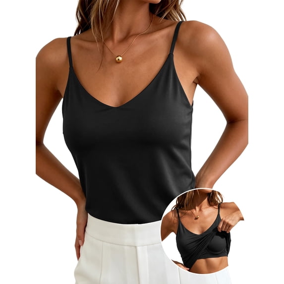 Anygrew Silk Pajamas for Women Camisole with Built in Bra V Neck Sleeveless Camisole Basic Blouse