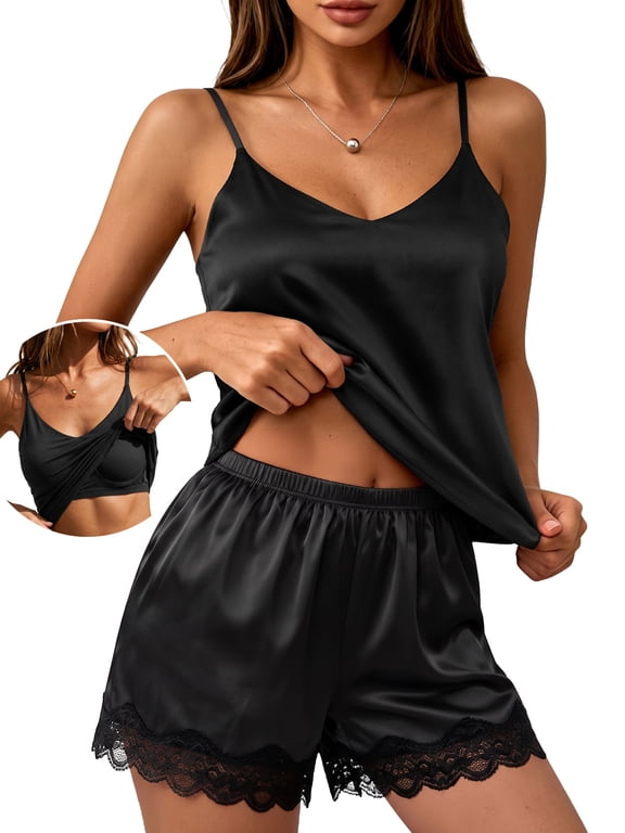 Satin Pajamas for Women Stretchy Silk Camisole with Built in Bra and Satin Slip Shorts